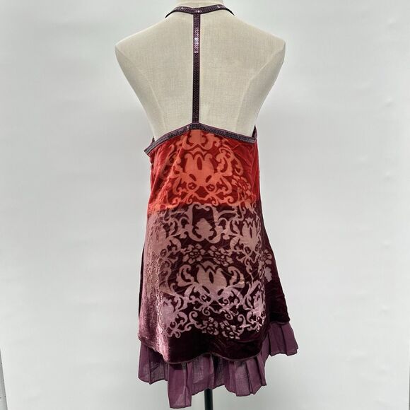 Free People Velvet Burnout Tunic Mini Dress Sz 8 Silk Forbidden Ivy Red Purple - Picture 4 of 12